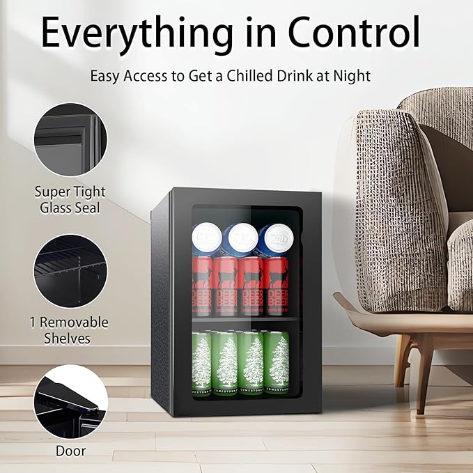 Beverage Refrigerator Cooler, 24 Can Mini Fridge Solid Door for Drinks Soda, Beer, or Wine - Small Refrigerator for Office Bedroom Home Bar, Adjustable Shelves, 0.9 Cu.Ft, Black