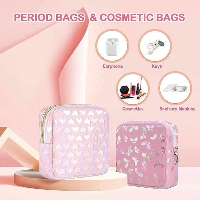 Period Bag Pouch, Leather Sanitary Napkin Storage Bag for Girls Womens, Portable Sanitary Napkin Period Pad Pouch Bag for Purse (Pink-3D Love)
