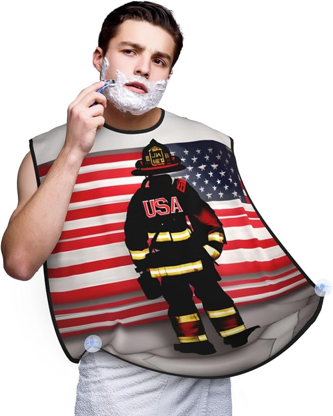 Red Stripe Firefighter Usa Flag Print Beard Bib Apron For Men, Beard Hair Catcher For Men Shaving Trimming,Beard Cape Cloth, Black