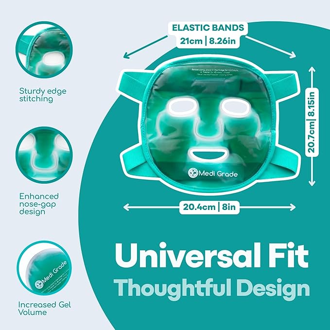 Medi Grade Cooling Gel Face Mask with 1 Lycra Fabric Mask and Storage Pouch - Soothing Gel Face Mask for Dark Circles and Puffiness - Cold Full Face Gel Mask Relaxation