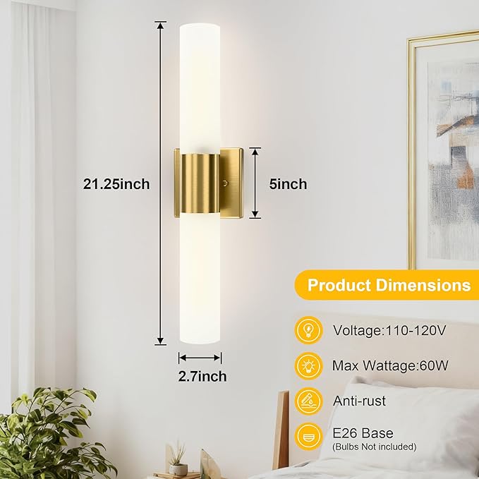 Kalium Bathroom Wall Sconces Set of Two, 21 Inch Modern Vanity Lights with Frosted Glass Shade, Bathrooms Vanity Lighting Fixtures for Mirror Bedroom Living Room Hallway (Gold)