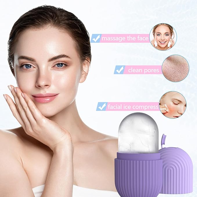 Ice Face Roller, Reusable Silicone Mold Face Massage Eye Facial Beauty Skin Care Tools Apply Ice for Shrink Pores Anti Wrinkle Reduce Puffiness Improve Skin Elasticity, Striped, Purple