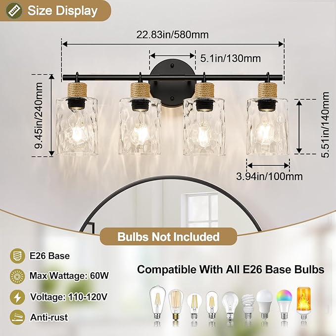 Bathroom Light Fixtures, 4-Light Coastal Vanity Lights with Crystal Glass Shade, Black Bathroom Wall Lamp for Mirror Kitchen Hallway Cabinet