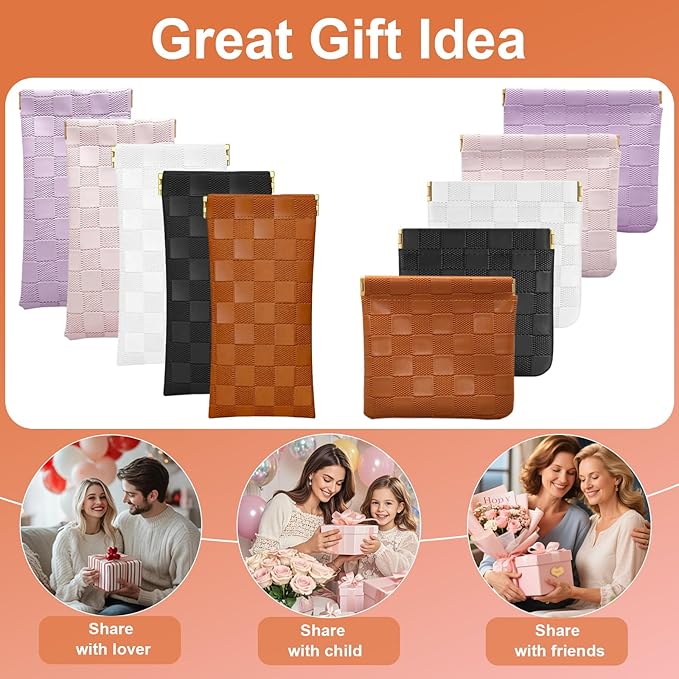 4Pcs Small Makeup Bag for Purse, Mini Checkered Leather Purse Pouches for Purse Small Makeup Pouch Small Coin Purse Organizer Pouches, Portable No Zipper Pocket Cosmetic Bag for Women (Black, Brown)