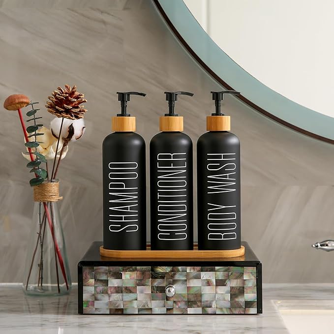 Shampoo and Conditioner Dispenser with Bamboo Pumps & Tray, Perfect for Bathroom Essentials for New Home (Black)