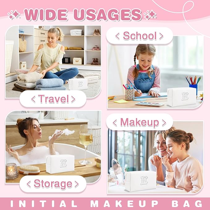 Bride Gifts – Personalized Initial Makeup Bag with Pearl Rhinestone Patch, Preppy White Monogram Cosmetic/Toiletry Pouch, bridesmaid Gifts, Bridal Shower Gifts, Wedding Gifts, Bridal Gifts,E