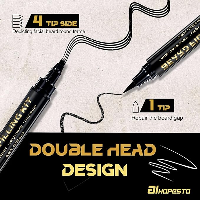 3 PCS Beard Pen Filler for Men - Black 4 Tip Pen for Natural Looking Appearance - 2 Fillers & 1 Double Head Brush - Waterproof Four Fork Eyebrow Pencil Eyeliner (Black)