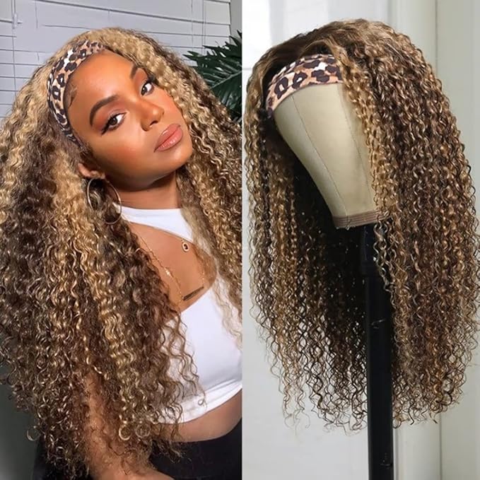 XSY Curly Headband Wig Human Hair Highlight Ombre Deep Wave Headband Wigs for Black Women #4/27 Golden Brown Wig 28 Inch