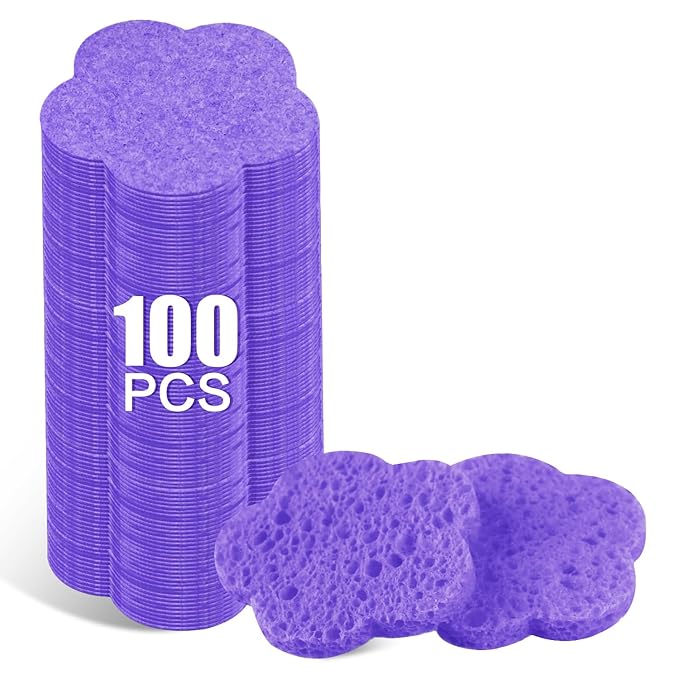 100-Count Facial Sponges Compressed Facial Sponges Natural Facial Cleansing Sponges Pads Cute Flower Shape Exfoliating Sponges for Cleansing Reusable,Best Makeup Gift, Purple