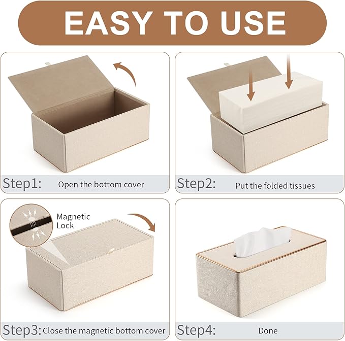 Tissue Box Cover, PU Leather Tissue Box Holder Rectangular Box Covers for Home/Office/Car Decoration 9.84"X5.23"X3.77" - Beige