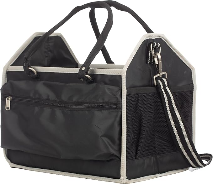 Equinavia Darby Large Collapsible Grooming Tote Bag for Horses, Dogs, Cats | Organizer with Shoulder Strap | 9" x 13" x 12" - Black/Silver - One Size