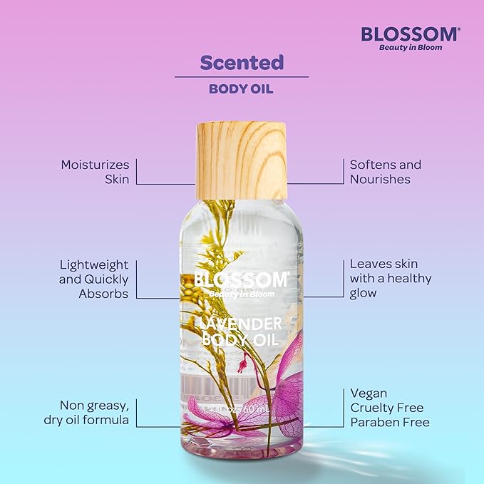Blossom Dry Body Oil, Scented Body Oils for Women Moisturizing and Hydrating Skincare, Dry Oil for Body Infused with Real Flowers, 2 fl. oz/60ml, Purple, Lavender