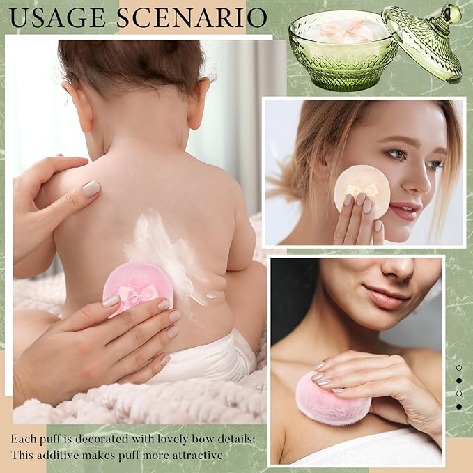 Tioncy 3 Pcs Large Body Powder Puff and Container Valentine's Day gift Powder Container with Puff Crystal Case Soft Washable Reusable Velour Face Body Glitter Wet Dry Makeup(Retro,Olive Green)