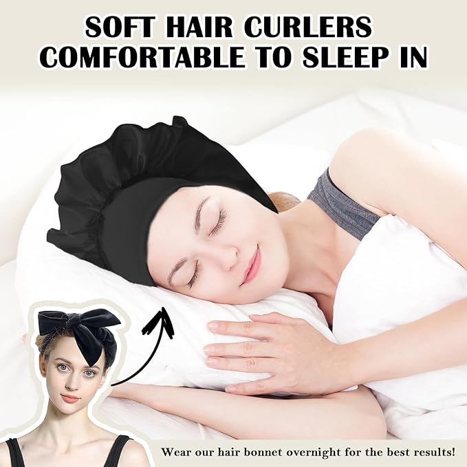 ZILAMPU No Heat Overnight Hair Curlers for Women - 70" Soft Headband Wrap with 9 Hair Rollers for Long Wavy Curls, Gift Set - Black