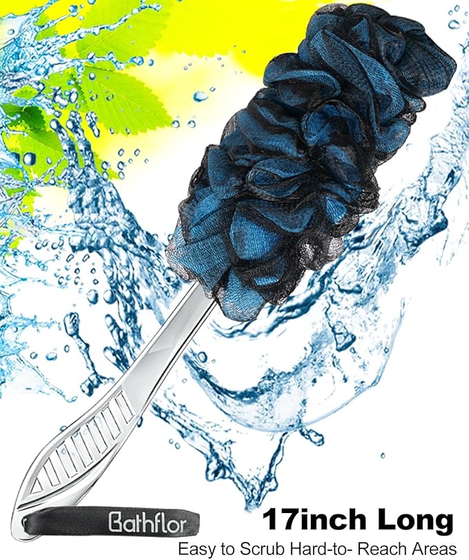 Shower Loofah Sponge Exfoliating Body Scrubber 80g, Charcoal Loofa for Women & Men Bath Wash: 1 Long Handle Back Brush Plus 4 Packs Extra Large 80g Soft Luffa Poufs, 1 Lufa Hook (Charcoal)