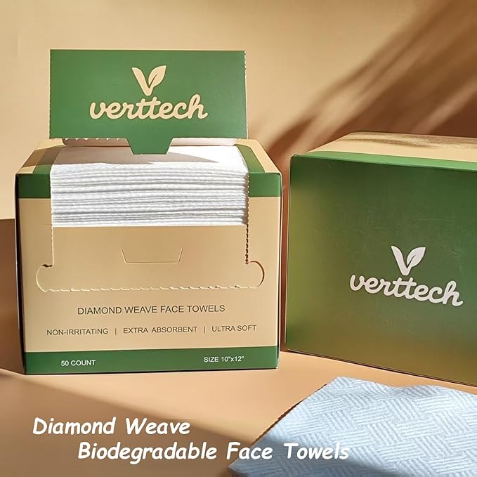 verttech™ Diamond Weave Face Towelettes Disposable XL, 100 Count (2PK), 10"x12" Clean Towels for Face, Disposable Facial Towels & Washcloths, Makeup Remover Wipes & Face Towels Clean Skin