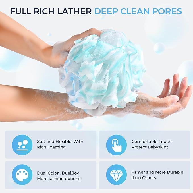 Shower Loofah Sponge Pouf – XL Exfoliating Bath Puff Body Scrubber, Soft Mesh Shower Sponge with Reinforced Knot, Rich Lather, Set of 4 for Women and Men
