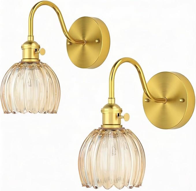 2-Pack Wall Sconces Lights Lamp for Bedroom Bathroom, Modern Vanity Light Fixtures, Wall Mount Lighting Vintage Tulip Amber Glass Shade for Living Room Mirror Hallway Kitchen