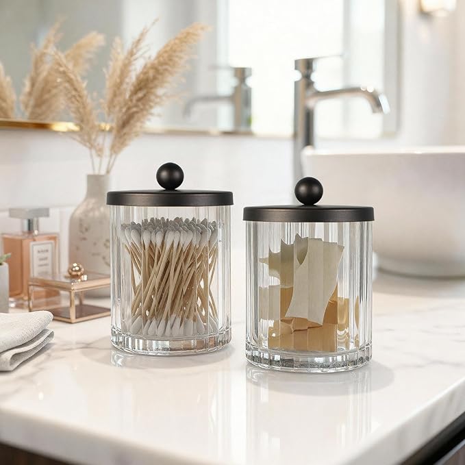 Amolliar Apothecary Jars Bathroom Vanity Storage Organizer Set, Countertop Canister with Stainless Steel Lid & Cute Stickers, Qtip Holder Dispenser for Cotton Swabs, Balls, Makeup Pads(Bronze, 4 Pack)