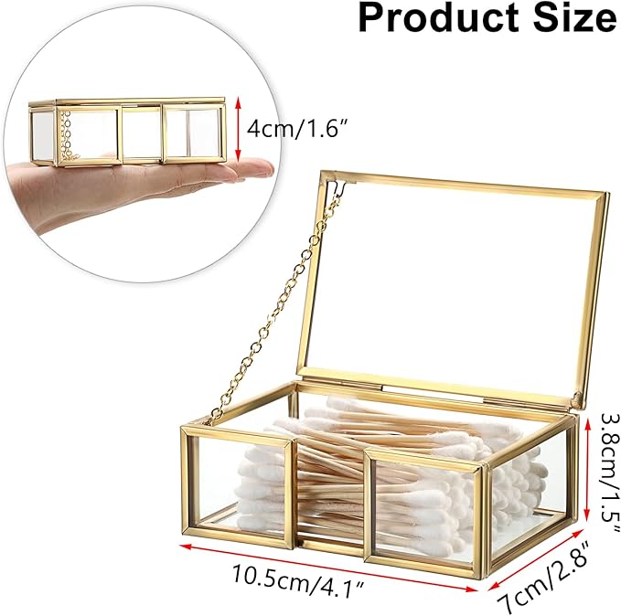 Cotton Swab Holder Small Qtip Dispenser Glass Bathroom Accessories Storage Canister for Dental Floss Pick Organizer Box, 4.1" L x 2.8" W x 1.5" H
