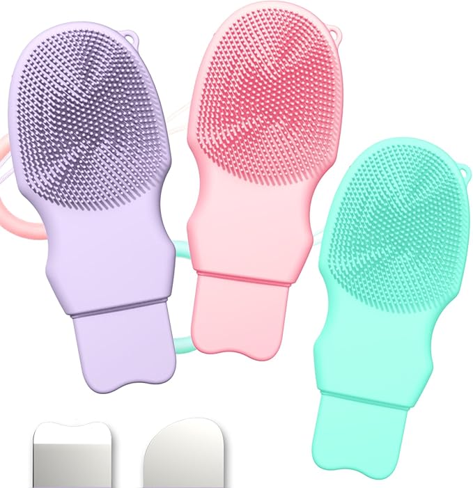 3-Pack Blackhead Remover Double Headed Scraper, Silicone Face Scrubber for Deep Cleansing, Portable Mini Skin Care Tool for Men & Women (Green + Pink + Purple)