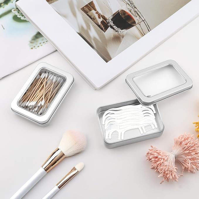 2-Pack Cotton Ball Holder for Travel & Bathroom - Dental Floss Qtip Dispenser Holders - Portable Travel Floss Case Box - Empty Metal Cotton Swab Hair Ties Floss Picks Containers w/Dustproof Lid