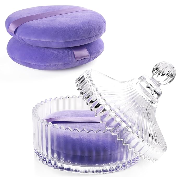 3Pcs Extra Large Body Powder Puff & Luxury 6" Glass Jar Dusting Powder Container with Puff for Women Bath Powder Puffs Perfect for Talcum or Loose Powder (Light Purple)