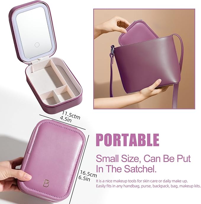 BS-MALL Travel Cosmetic Mirror Case LED Makeup Mirror Storage Case for Eyelash Station Brushes Cosmetic Tools On-the-go Makeup Needs (Rose Red)