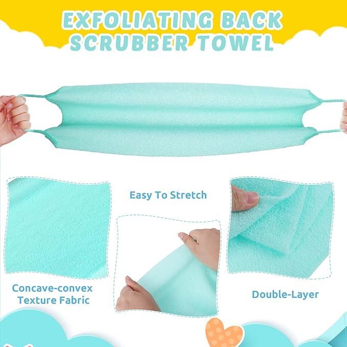 3 Pack Exfoliating Back Scrubber with Handles Exfoliating Washcloth Nylon Extended Length Body Exfoliator Brush Stretchable Pull Strap Back Washer for Shower Long Bath (Pink, Blue, Yellow)