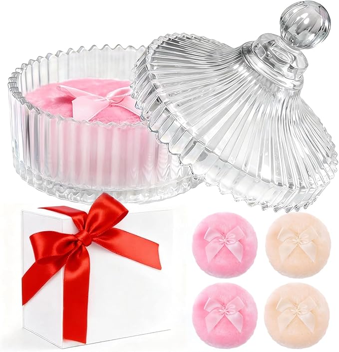 5 Pcs Extra Large Body Powder Puff and Container Set – 5.43" Oversize Crystal Powder Container | 3.54" Ultra-Soft Velour Puff, Washable & Reusable, Ideal for Face/Body Glitter & Wet/Dry Makeup