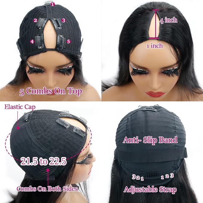250% Density V Part Wigs Human Hair Straight Upgrade U Part Wigs Drawstring Wigs for Black Women Fits Snug & Secure No Glue No Sew in Beginner-friendly Clip In Half Wig Natural Color 24 Inch