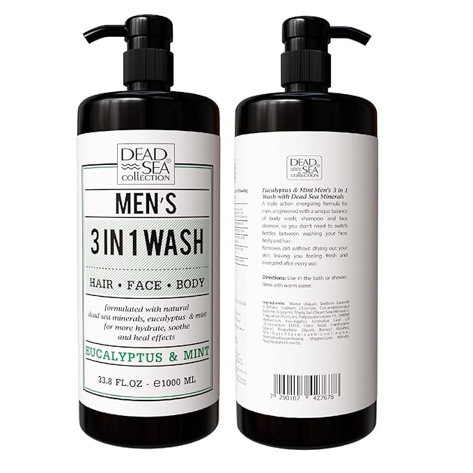 Dead Sea Collection Eucalyptus Mint Men’s Body Wash – 3 in 1 Body Wash for Men for Hair, Face & Body – Moisturizing Shower Gel with Dead Sea Minerals – Pack of 2 (33.8 fl oz each)
