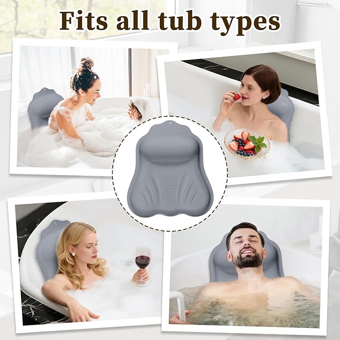 Luxury Silicone Bath Pillow for Tub, New Cloud-Soft 4D Air-Cushion Bathtub Pillow for Head and Neck & Back Support, Strong Suction Cups, Waterproof Quick-Dry Bathtub Headrest (Gray)