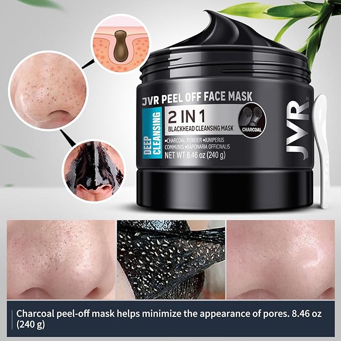 JVR Peel Off Face Mask, Charcoal Peel Off Black Mask, Facial Mask for Surface Cleansing For Men & Women, All Skin Types, 8.46 oz (240 g)