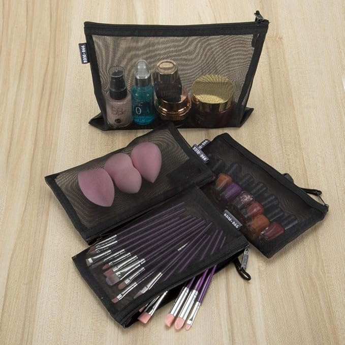 HRX Package Nylon Mesh Cosmetic Zipper Bags, 6PCS Black Makeup Pouches Travel Organizer Case for Purse Diaper Bag (A5 x 3pcs, A6 x 3pcs)