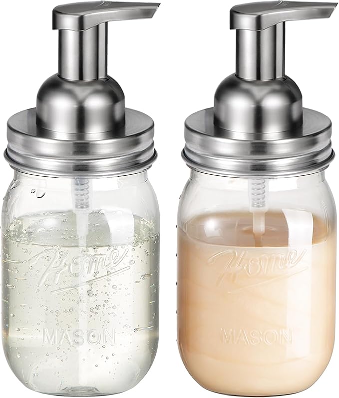 Amolliar Plastic Mason Jar Foaming Soap Dispenser with Pump Lid,16OZ Refillable Hand Soap Dispenser Set with Cute Lables - Farmhouse Decor for Kitchen/Bathroom, Lotion Dish Soap (2 Pack, Silver)