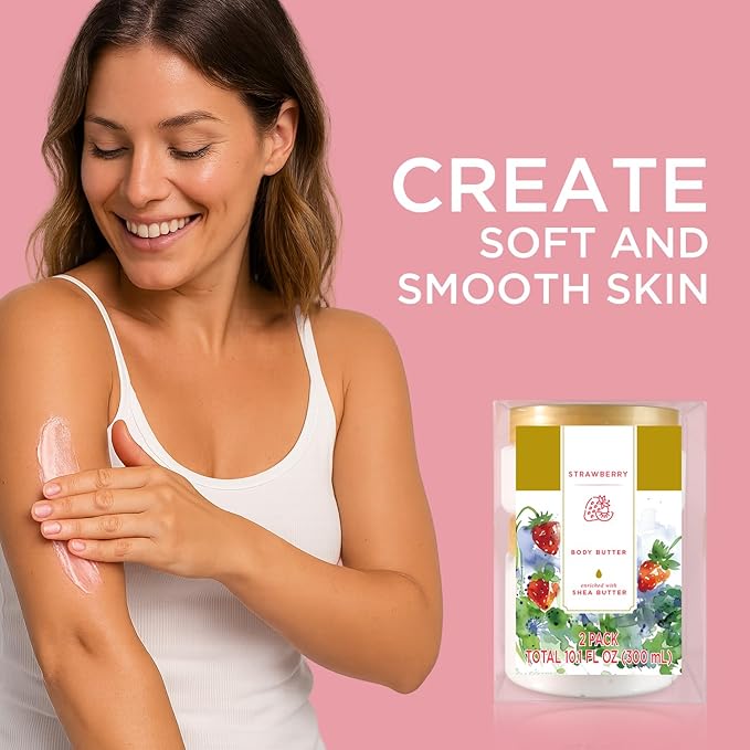 Princess Belle Strawberry Body Butter, Shea Body Butter and Body Moisturizer for Dry Skin, Smell Good, Strawberry Gifts for Women-2 Pack (3.4floz + 6.8 floz)