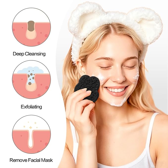 100-Count Facial Sponges Compressed Facial Sponges Natural Facial Cleansing Sponges Pads Cute Flower Shape Exfoliating Sponges for Cleansing Reusable,Best Makeup Gift, Black