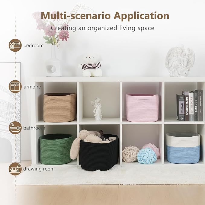 Cotton Rope Storage Basket, 15x10x9 Inches, Woven Basket for Shelves, Clothes, Towels, Books, and Laundry, White Blue (1 Pack)