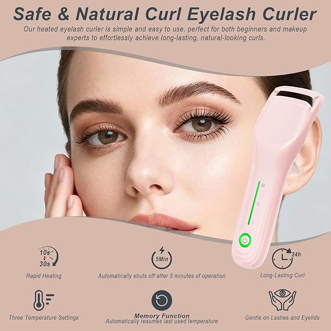 Heated Eyelash Curler, Type-C Rechargeable with 3 Temp Settings & Safe Silicone Pad for Natural Curls, Travel-Friendly (Pink)