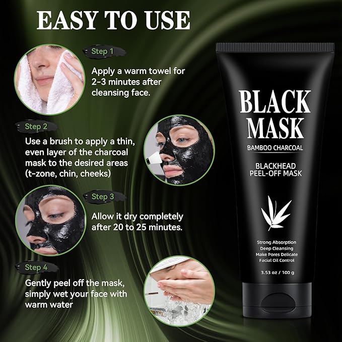Blackhead Remover Mask, Charcoal Peel Off Face Mask 3.53oz, Black Head Remover for Face &Nose, With Brush, Extractor Tool, Deep Pore Cleansing Dirt, Excess Oil and Blackheads for Men & Women
