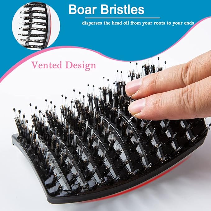 Boar Bristle Hair Brush Set - Dry/Wet Hair Brush Detangler for Fine, Thick, Curly Hair - Curved and Vented Hair Brush for Women, Men or Kids