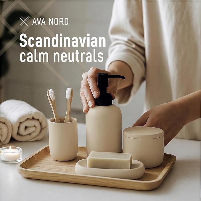 Ceramic Bathroom Accessories Set 4 Pcs – Modern Scandinavian Neutral Bathroom Soap Dispenser Set with Toothbrush Holder, Soap Dish & Cup – Minimalist Bathroom Accessory Set Decor - Cream/Light Beige