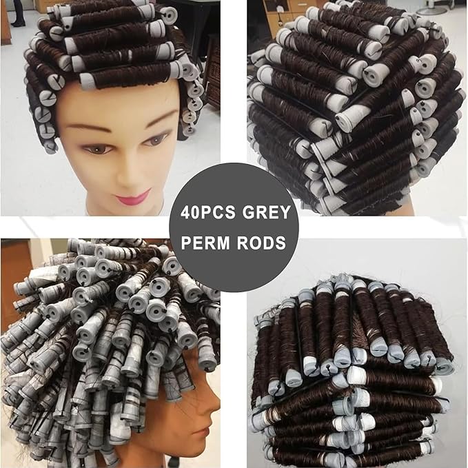 Perm Rods Set for Short Natural Hair 40Pcs Gray Plastic Cold Wave Rods Hair Curling Rollers Small Size 0.59 Inch For DIY Hairdressing Styling