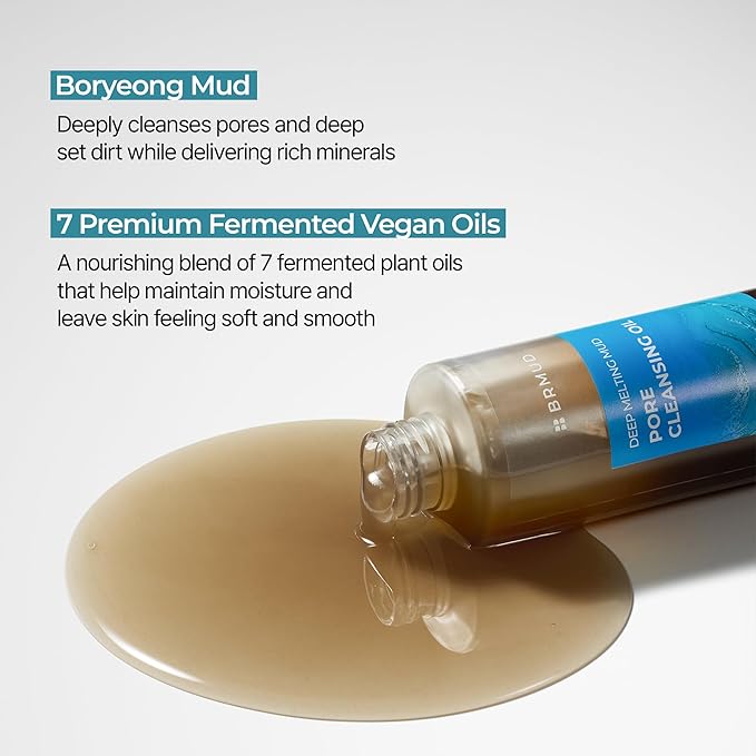 BRMUD Deep Melting Mud Pore Cleansing Oil - Gentle Make Up Facial Oil Cleanser with Boryeong Mud, Sunflower Seed & 7 Fermented Oils - Vegan & Non-Comedogenic Korean Skincare (6.76 fl oz)