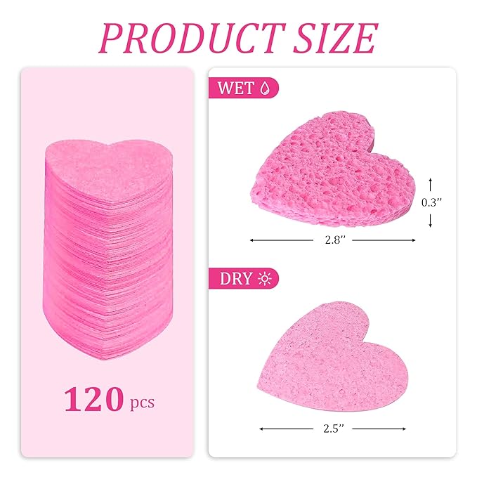 Women 120-Count Compressed Cellulose Heart Shape Face Facial Sponges 100% Natural Cosmetic Sponges for Facial Cleansing Exfoliating Mask Skin Massage (（Pink） 120 Count)