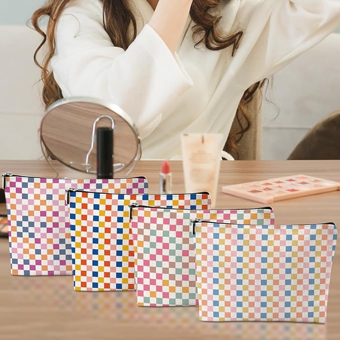 4 Pcs Checkered Makeup Bag Make up Bag Cosmetic Bags for Women Girls Sister Nurse Bridesmaid Friendship Christmas Birthday Travel Toiletry Bags Aesthetic Zipper Organizer Accessories, Cute Retro Plaid