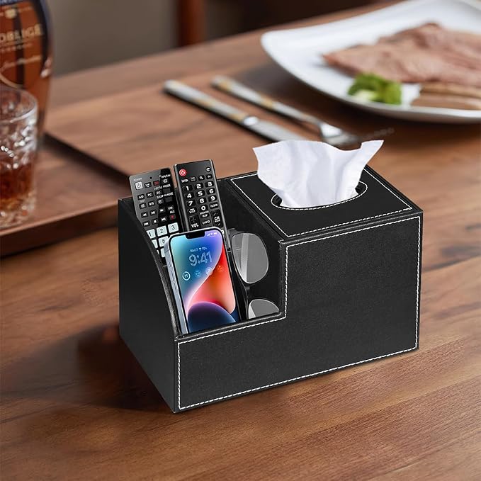 PU Leather Square Tissue Box Cover - Multi-Functional Tissue Box Holder, Tissue Box Cover with Storage,Tissue and Remote Control Holder, Cube Tissue Box Organizer Bedroom Nightstand End Table