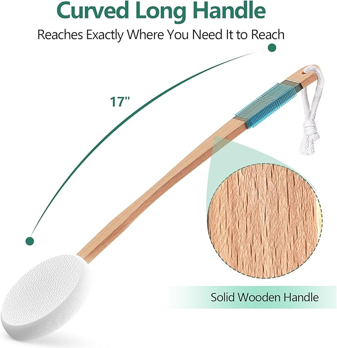 Back Lotion Applicator with 4 Replaceable Pads, Lotion Applicator for Back Self Elderly, Women, Sunscreen Applicator for Cream with 17" Curved Handle Easy to Target Back and Feet, White