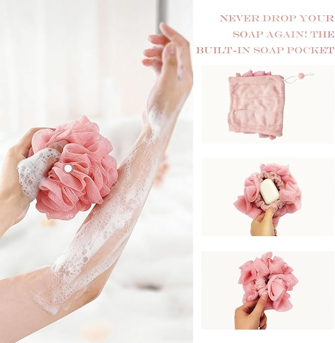3-Pack Loofah Washcloth Combo 2-in-1, Exfoliating Soap Saver Pouch with Bar Soap Pocket, Reusable Shower Sponge for Body Wash & Smooth Skin, Coffee Brown, Pink, White